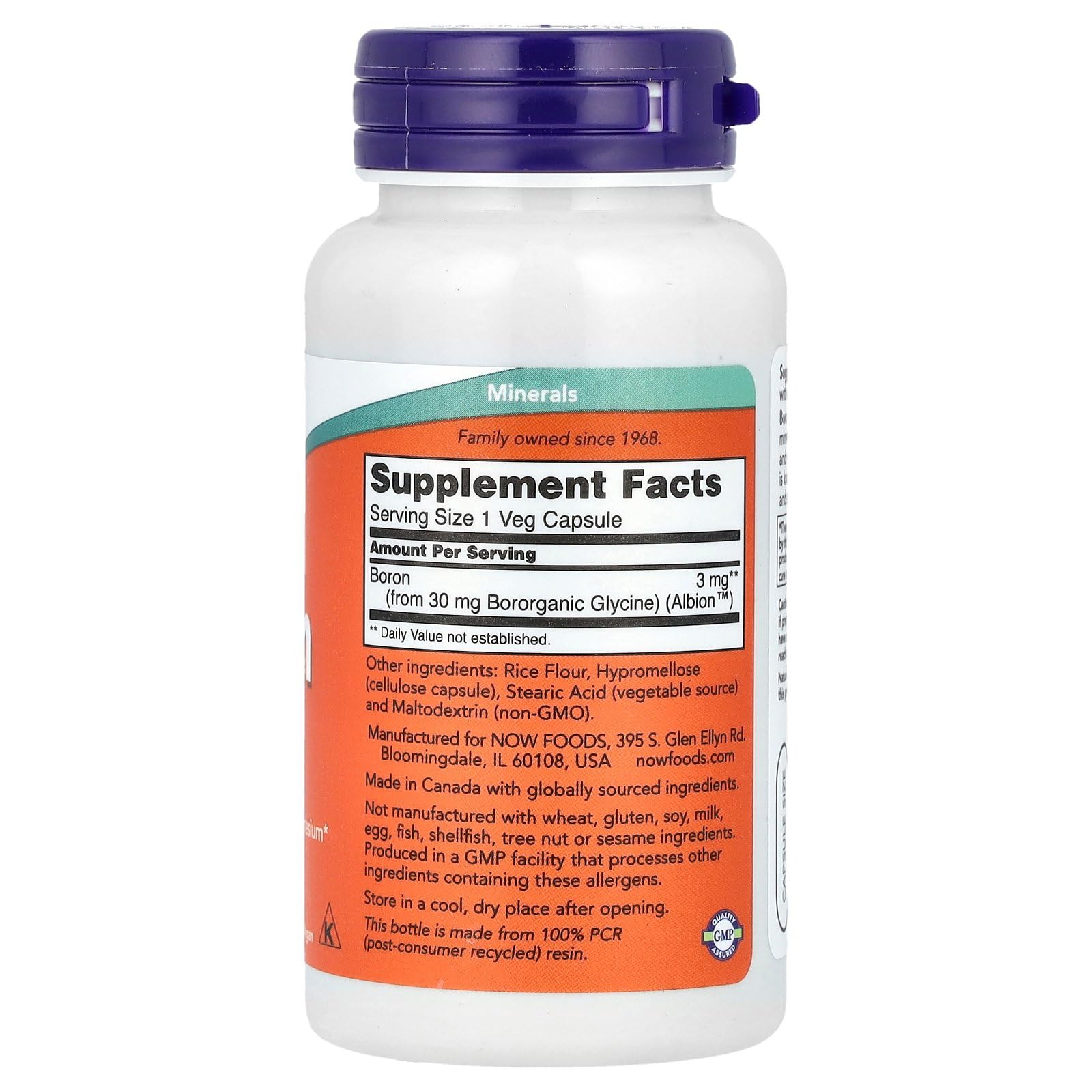 NOW Foods Boron 3mg label close-up for easy product identification and daily mineral support.