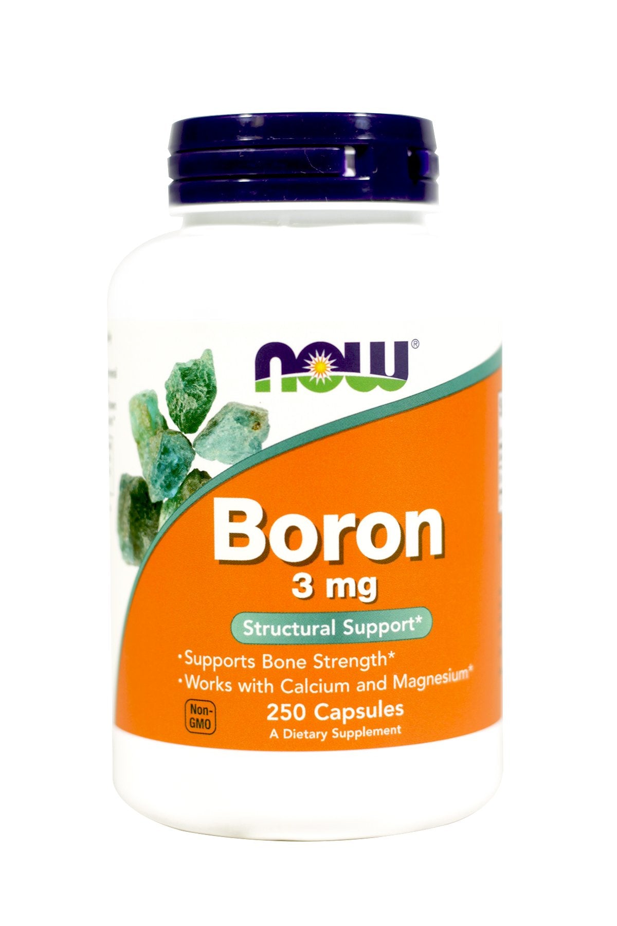 NOW Foods Boron 3 mg bottle close-up highlighting daily wellness support.