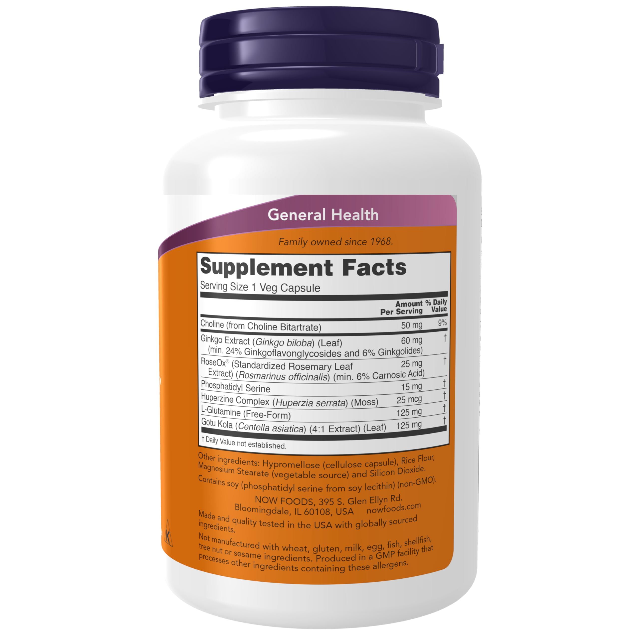 NOW Foods Brain Elevate label close-up highlighting ingredients.