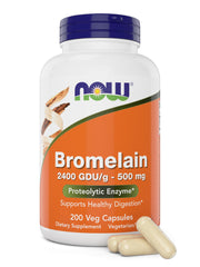 NOW Foods Bromelain 500 mg bottle showing easy-to-swallow capsules for daily digestion support