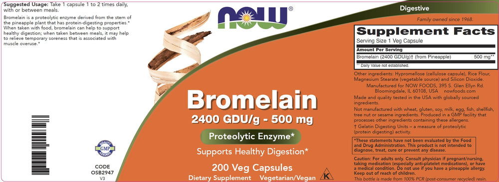 NOW Foods Bromelain label detail indicating vegan pineapple enzyme source