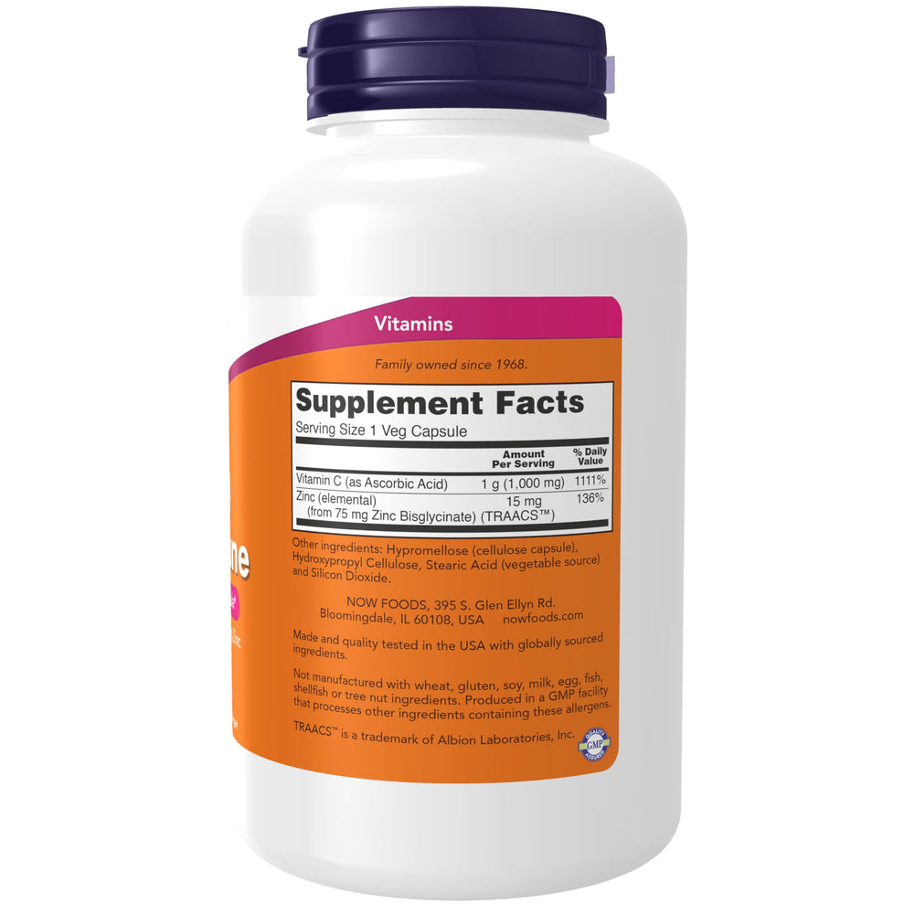 NOW Foods C-1000 Zinc Immune capsules on display highlighting vitamin C and zinc