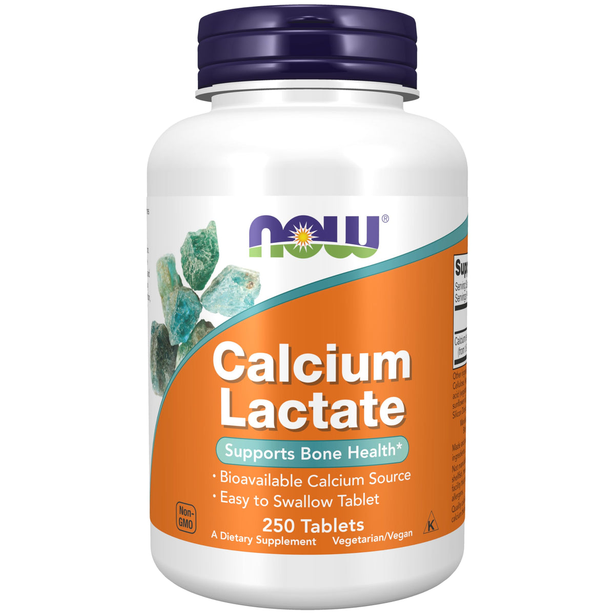 NOW Foods Calcium Lactate bottle front view showing easy-to-swallow tablets for bone support