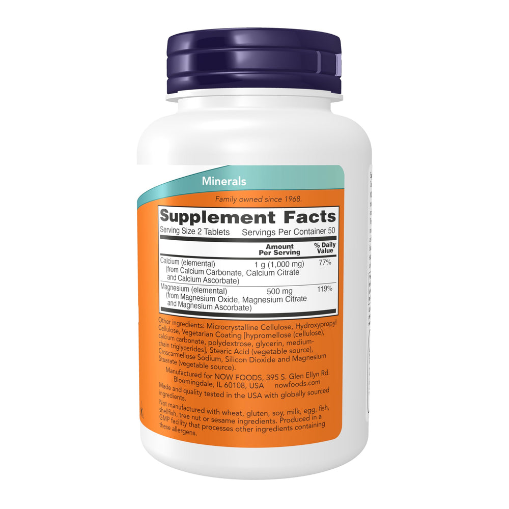 NOW Foods calcium-magnesium bottle closeup shows high potency for balanced mineral intake.
