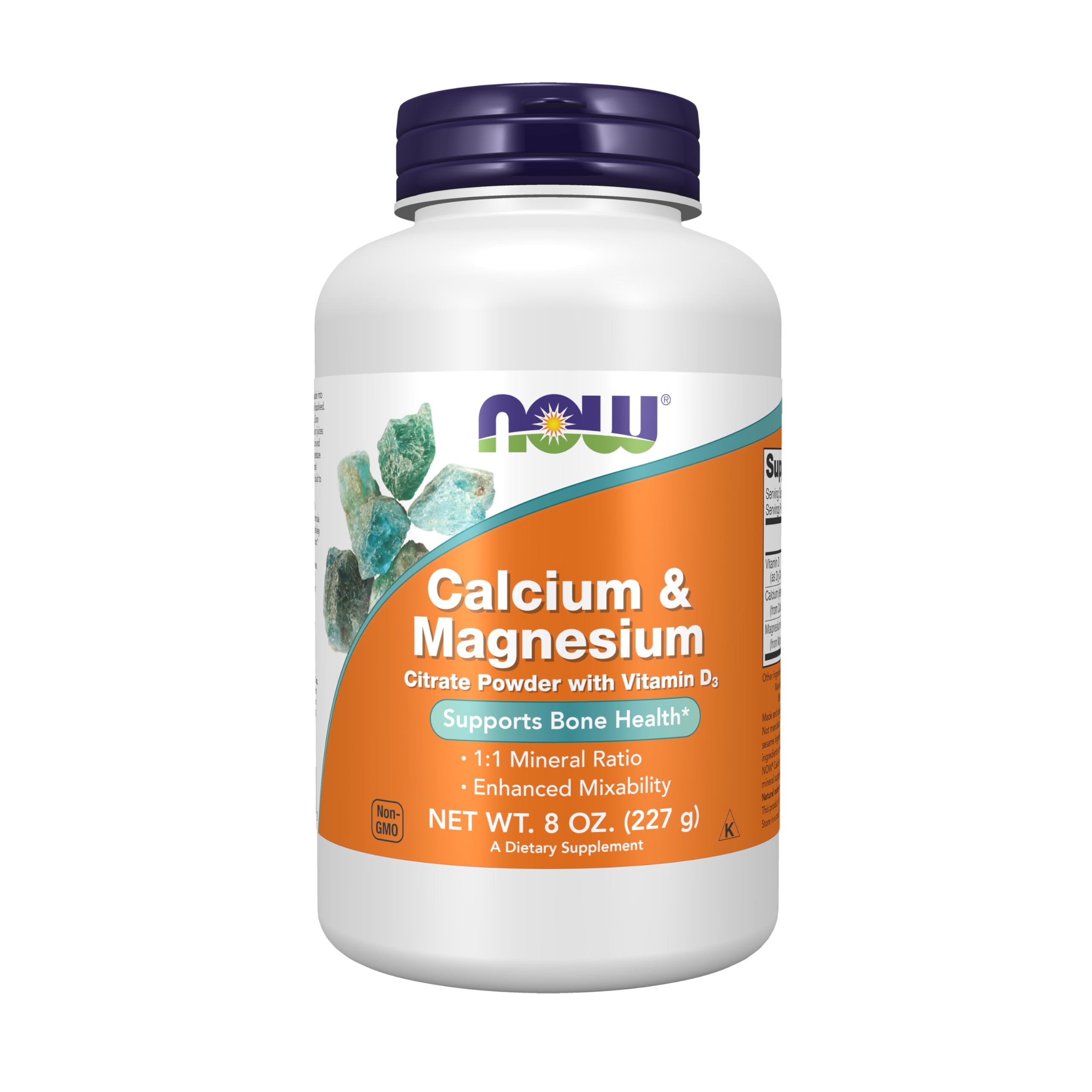 NOW Foods Calcium & Magnesium Citrate Powder packaging displayed for bone-support formula.
