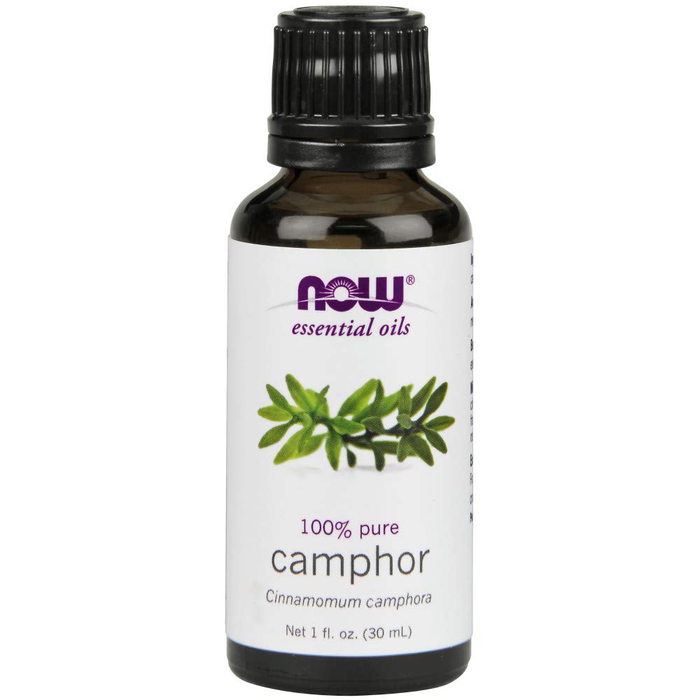 NOW Foods Camphor Oil bottle pour showing refreshing aromatherapy use