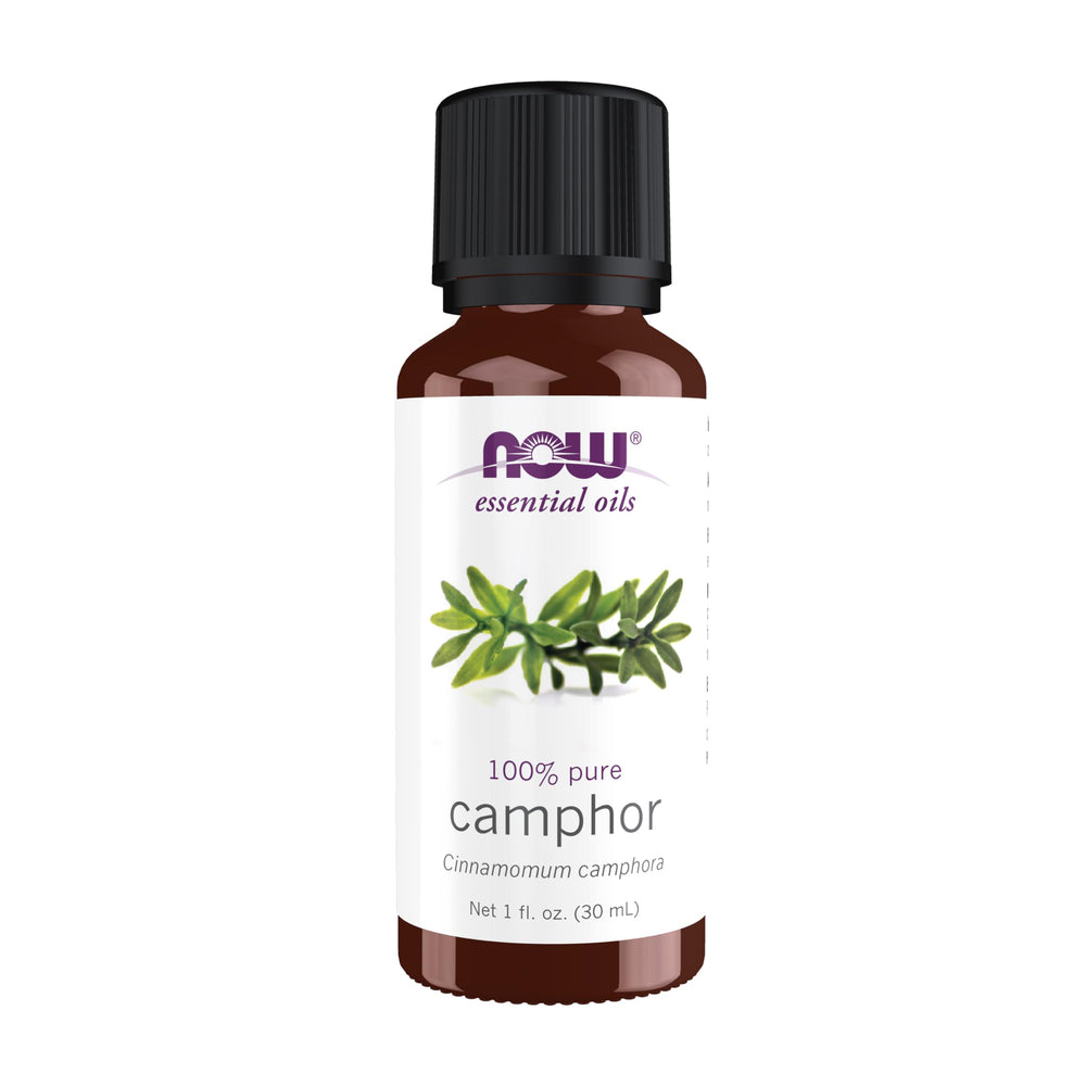 NOW Foods camphor oil bottle—invigorating aroma for diffusers.