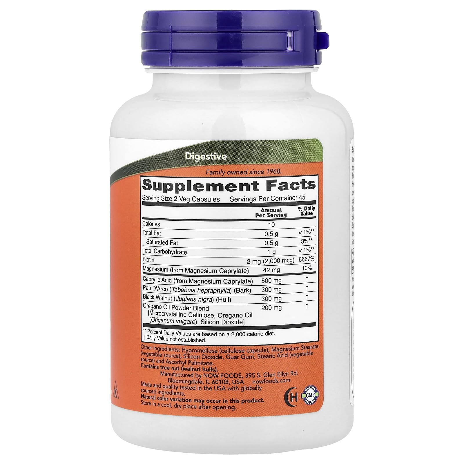 NOW Foods Candida Support ingredients closeup showing Pau D'Arco and oregano oil for gut balance.