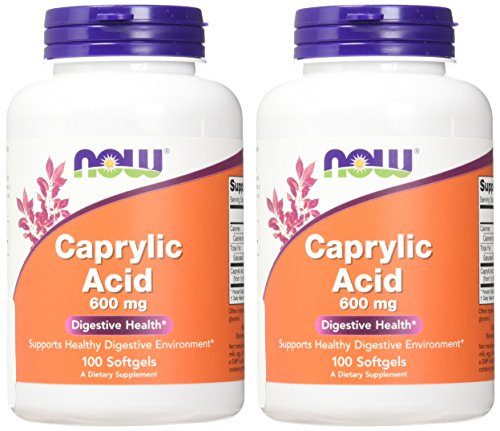 Now Foods Caprylic Acid bottle pouring for convenient daily MCT intake.