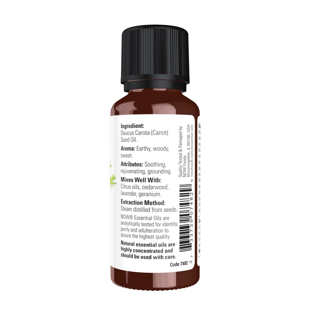 NOW Foods carrot seed oil in a diffuser setup promoting calm room atmosphere
