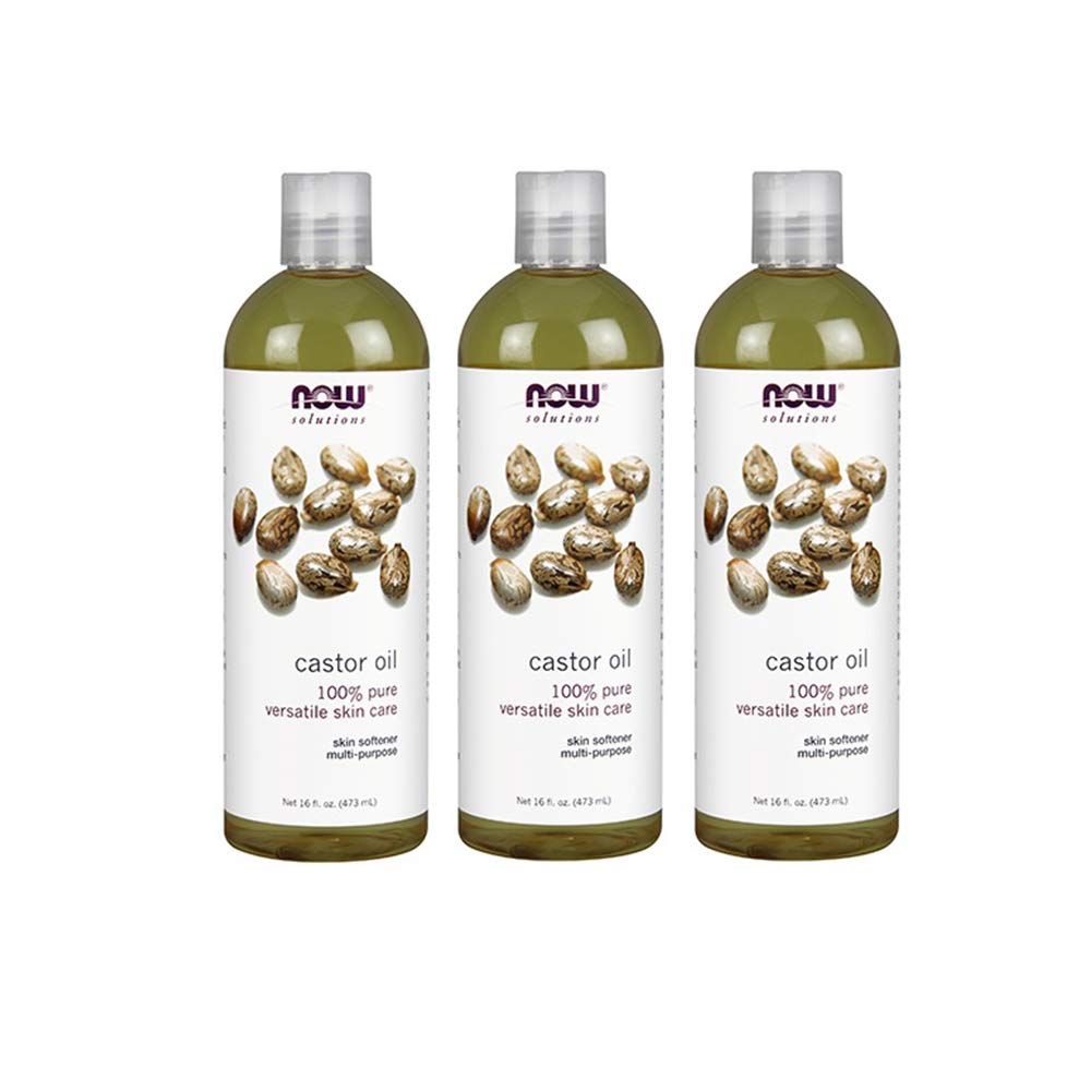 NOW Foods Castor Oil bottle shows a natural skin and hair emollient.