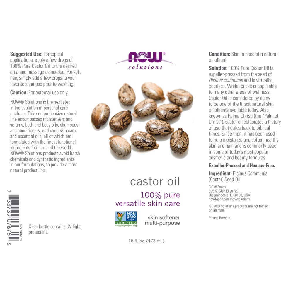 NOW Foods Castor Oil pour shot highlights smooth texture for DIY beauty routines.