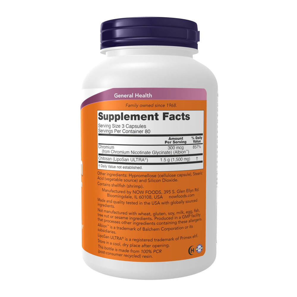 NOW Foods Chitosan 500 mg Chromium capsules for daily fat binding support.