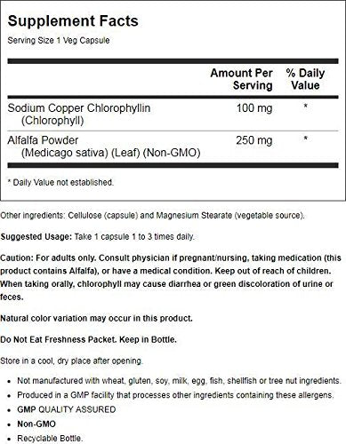 NOW Foods Chlorophyll 90 capsules label showing natural green branding and daily wellness