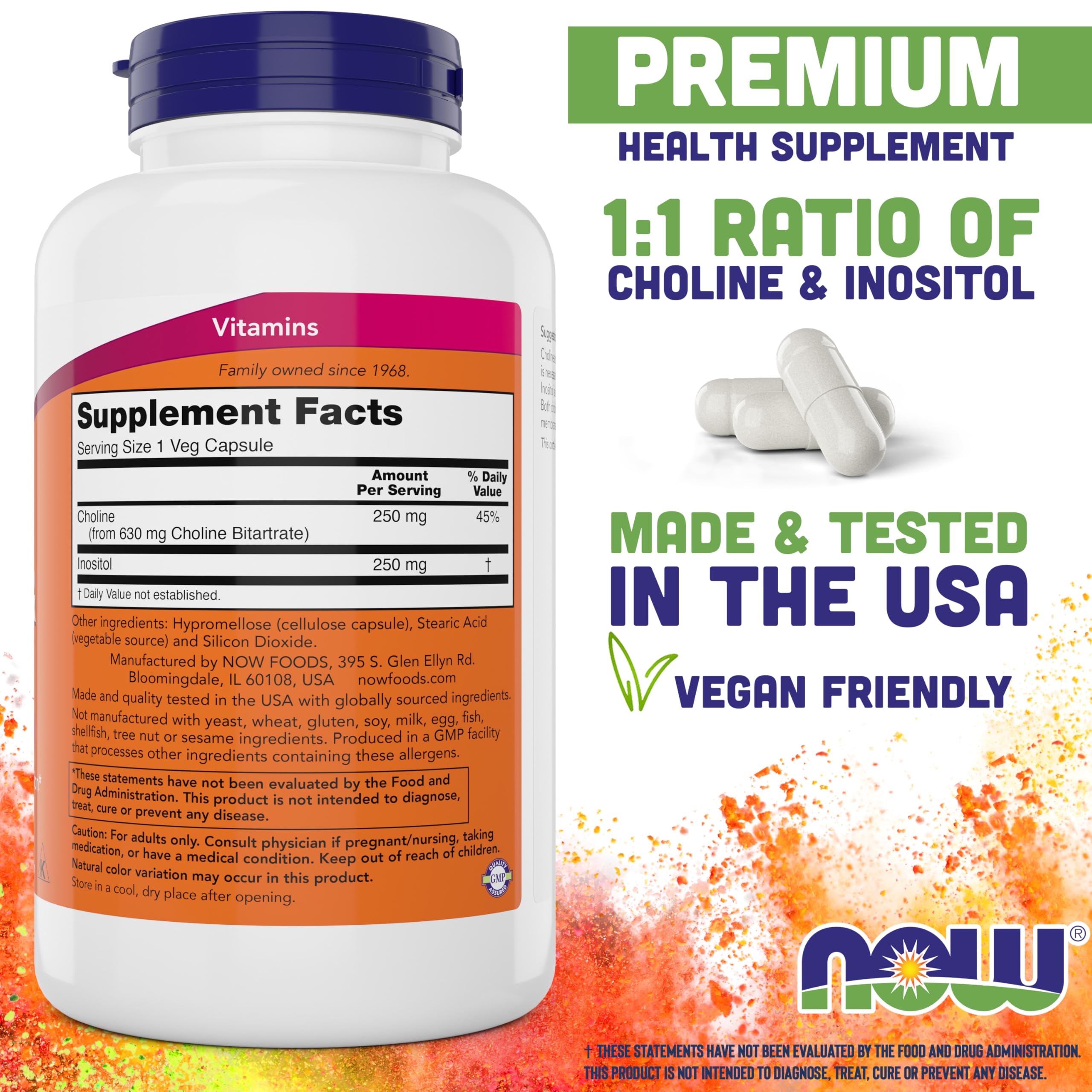 NOW Foods Choline & Inositol bottle label showing vegan and non-GMO features