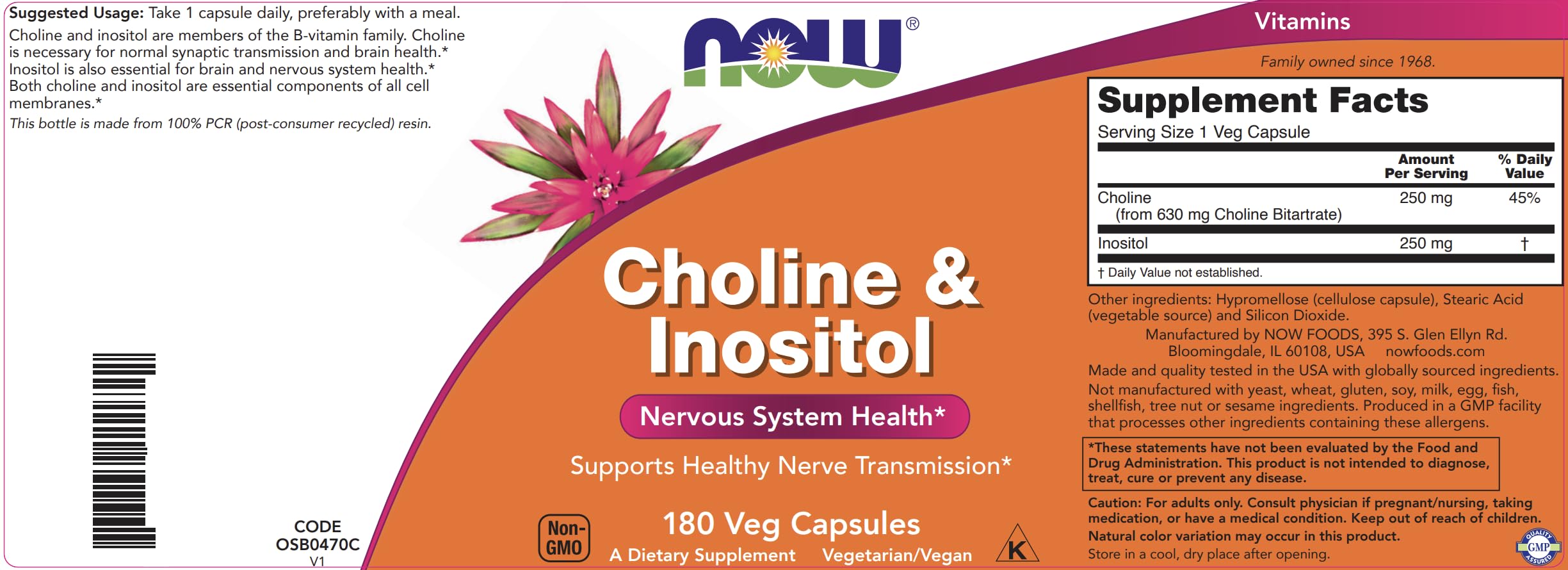NOW Foods Choline & Inositol capsules close-up with 250 mg choline per capsule