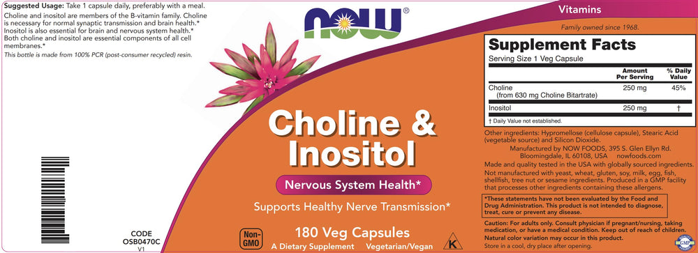 NOW Foods Choline & Inositol capsules close-up with 250 mg choline per capsule