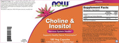 NOW Foods Choline & Inositol capsules close-up with 250 mg choline per capsule
