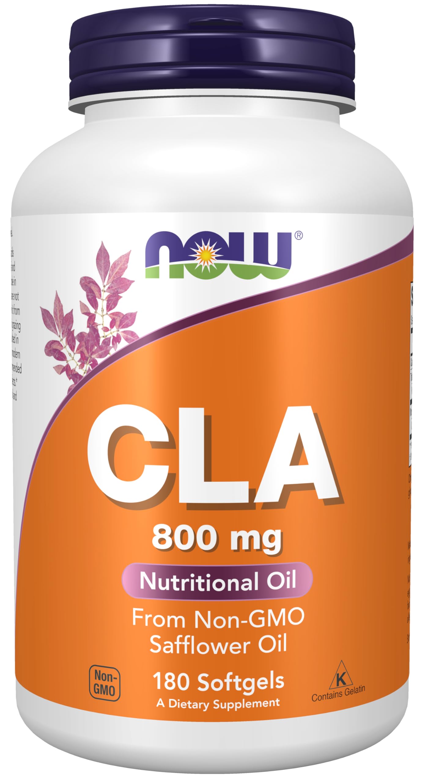 NOW Foods CLA 800 mg softgel bottle on white surface for daily supplementation.