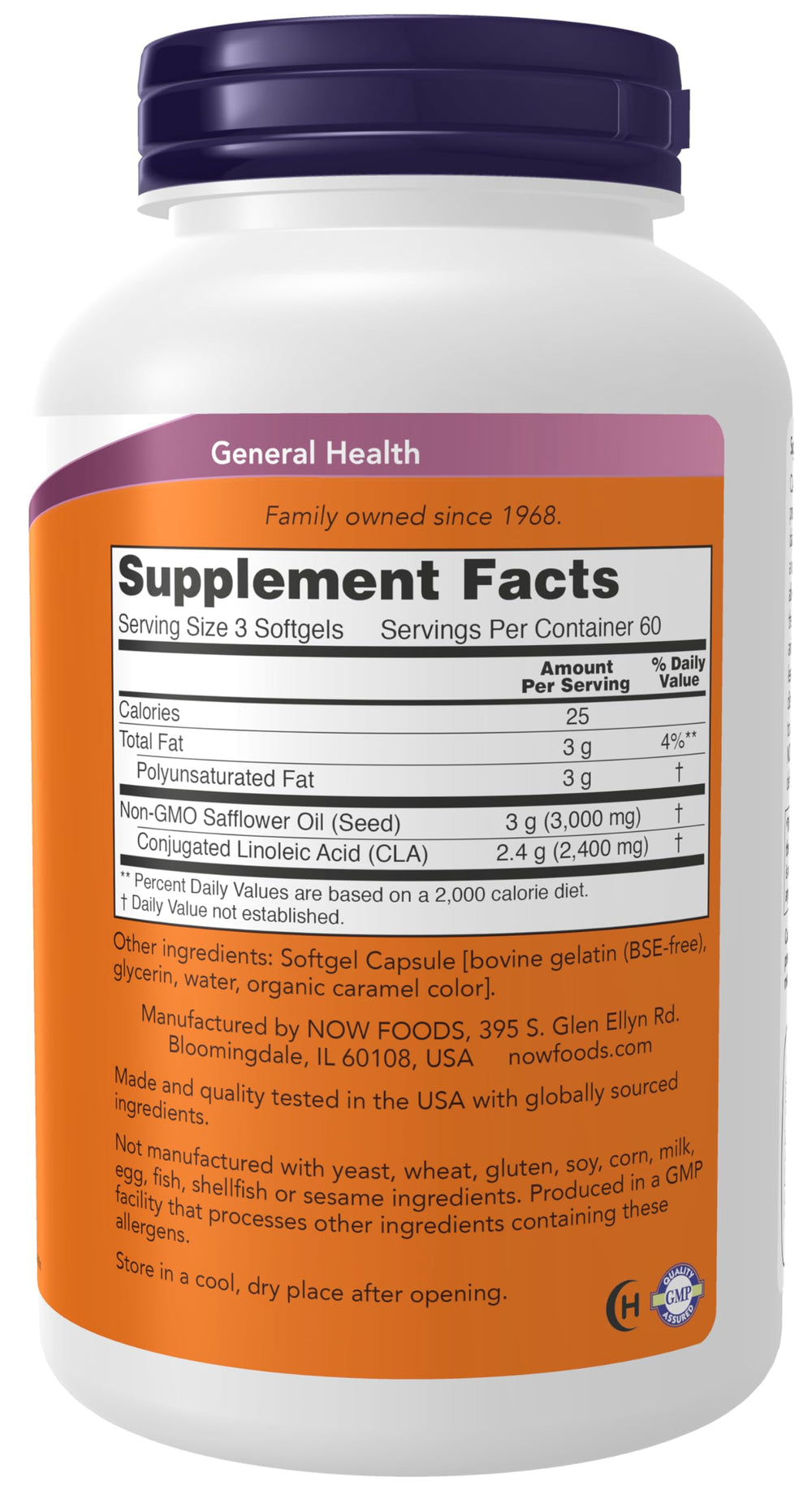 NOW Foods CLA 800 mg softgels close-up showing easy-to-swallow capsules.