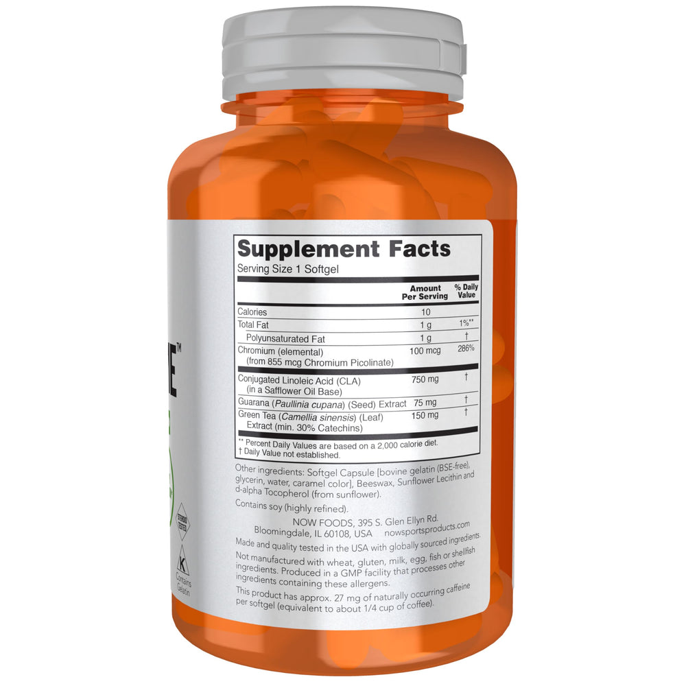 NOW Foods CLA Extreme capsules closeup highlighting guarana and green tea extracts for alertness.