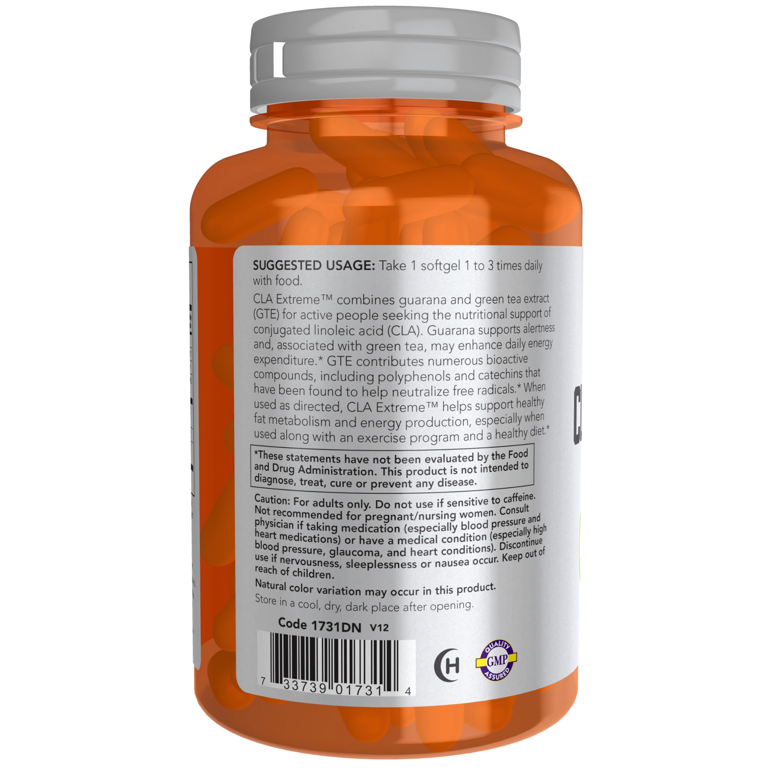 NOW Foods CLA Extreme guarana-green-tea label closeup emphasizing polyphenols and catechins.