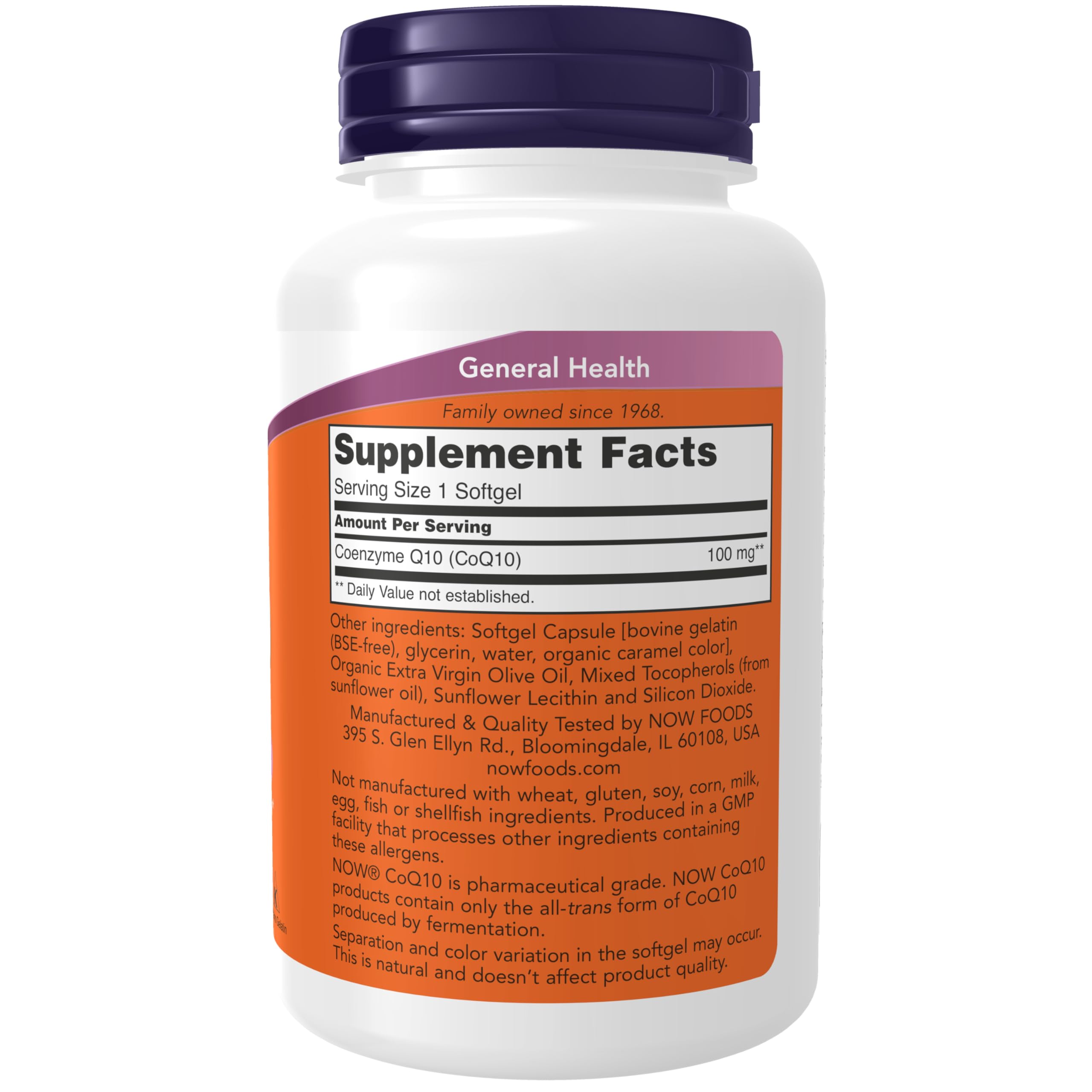 NOW Foods CoQ10 label closeup emphasizing pharmaceutical grade quality