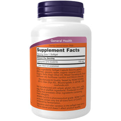 NOW Foods CoQ10 label closeup emphasizing pharmaceutical grade quality