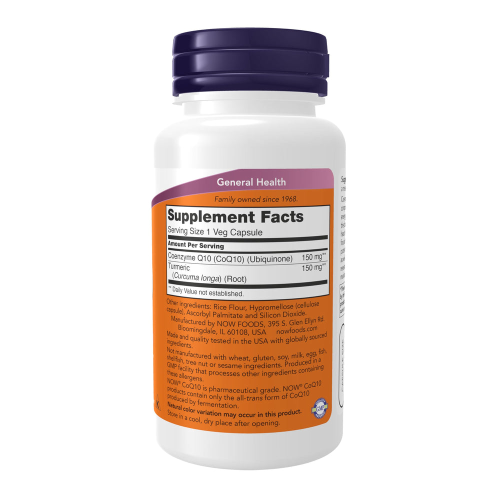 NOW Foods CoQ10 150 mg bottle back view detailing ingredients and GMP quality assurances