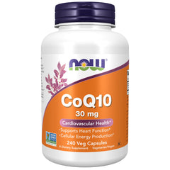 NOW Foods CoQ10 30 mg bottle front view, supports cellular energy