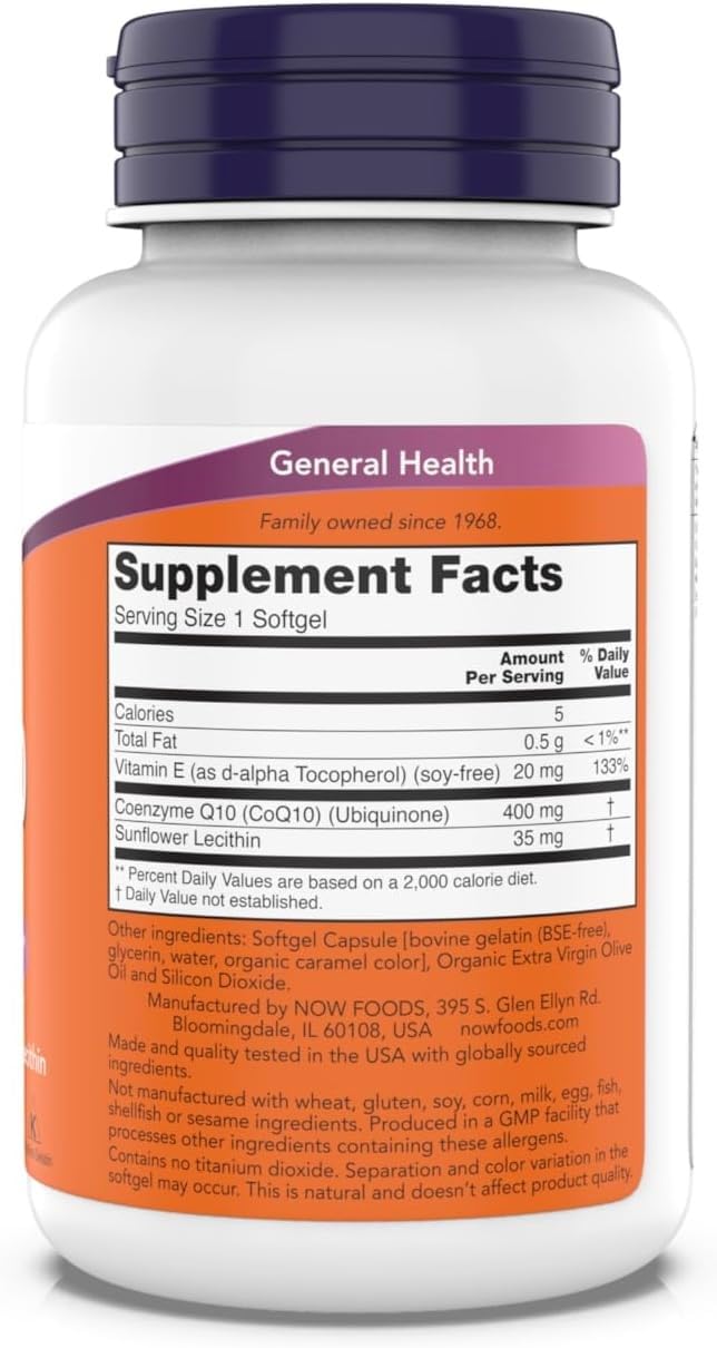 Closeup of NOW Foods CoQ10 softgels showcasing natural all-trans formulation.