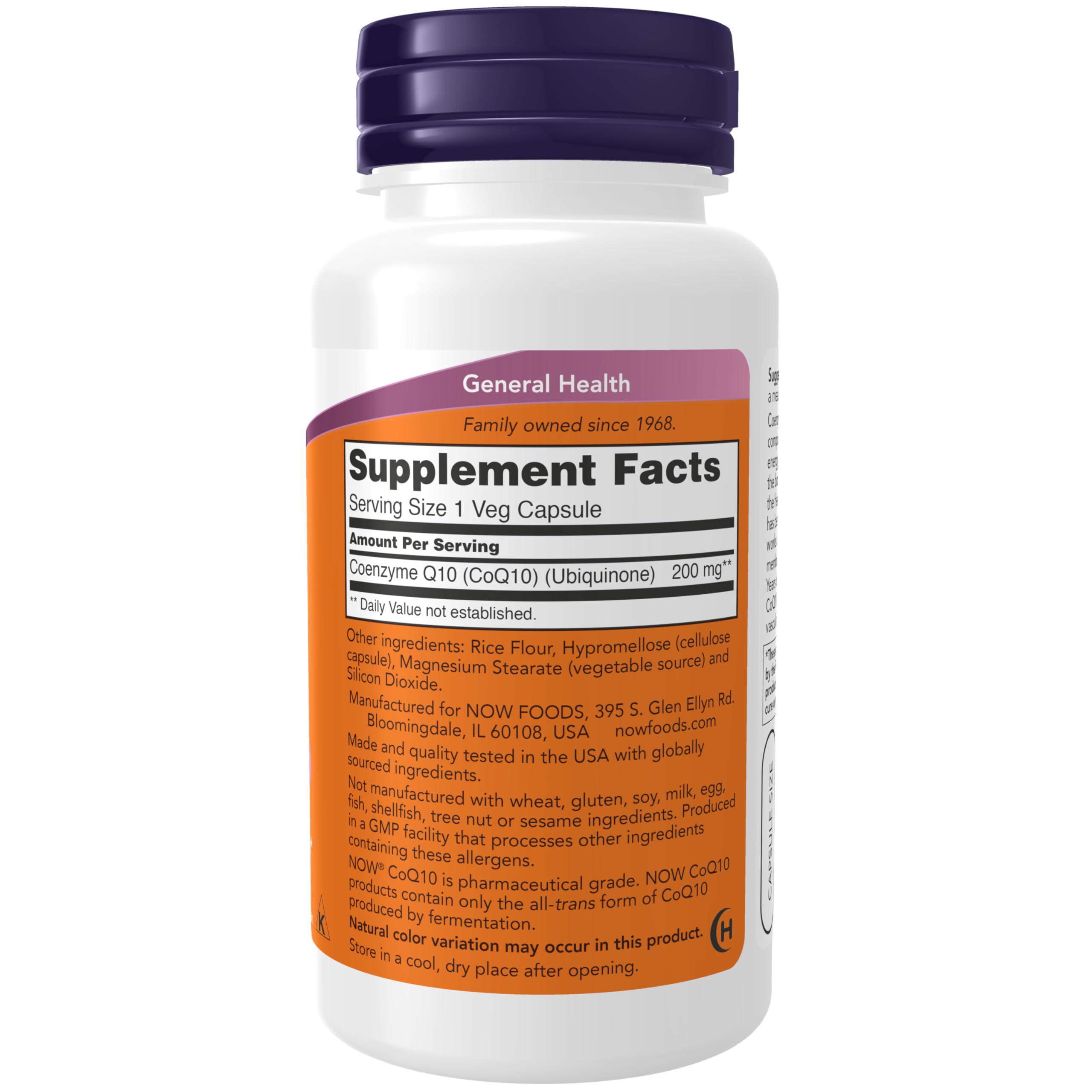 NOW Foods CoQ10 capsules close-up, small and easy-to-swallow daily dose