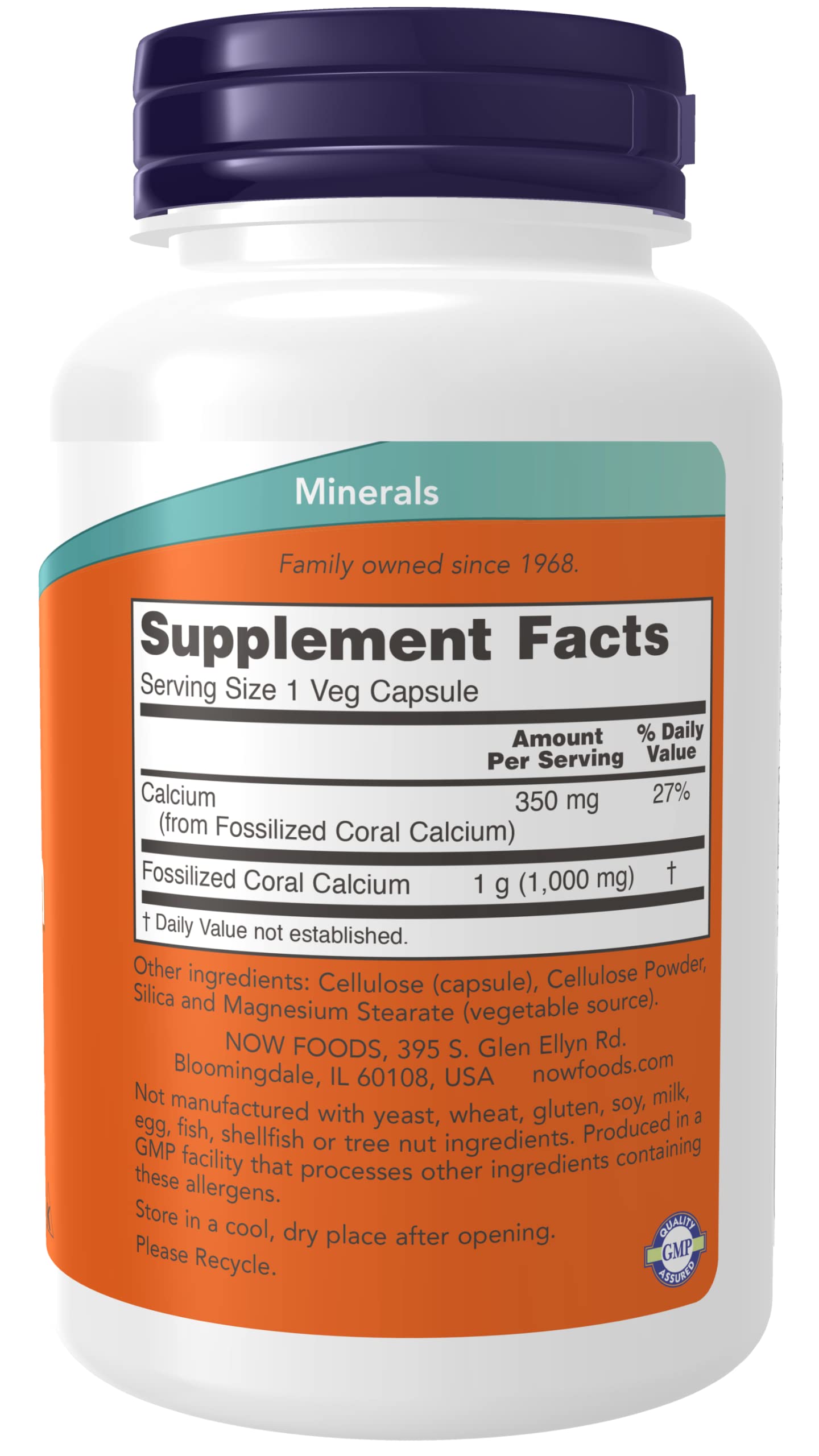NOW Foods Coral Calcium 1000mg bottle back shows supplement facts and minerals for enzymatic activity