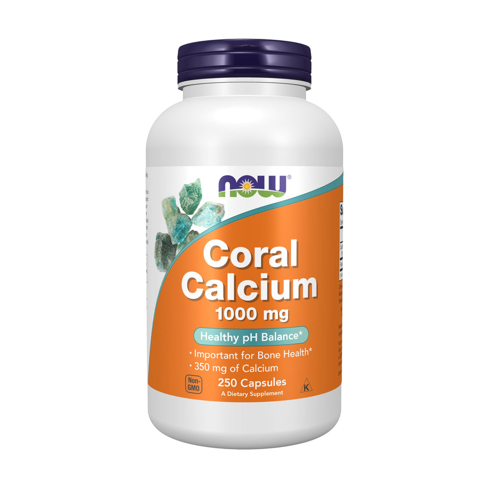 NOW Foods Coral Calcium bottle label highlights dosage and bone health support
