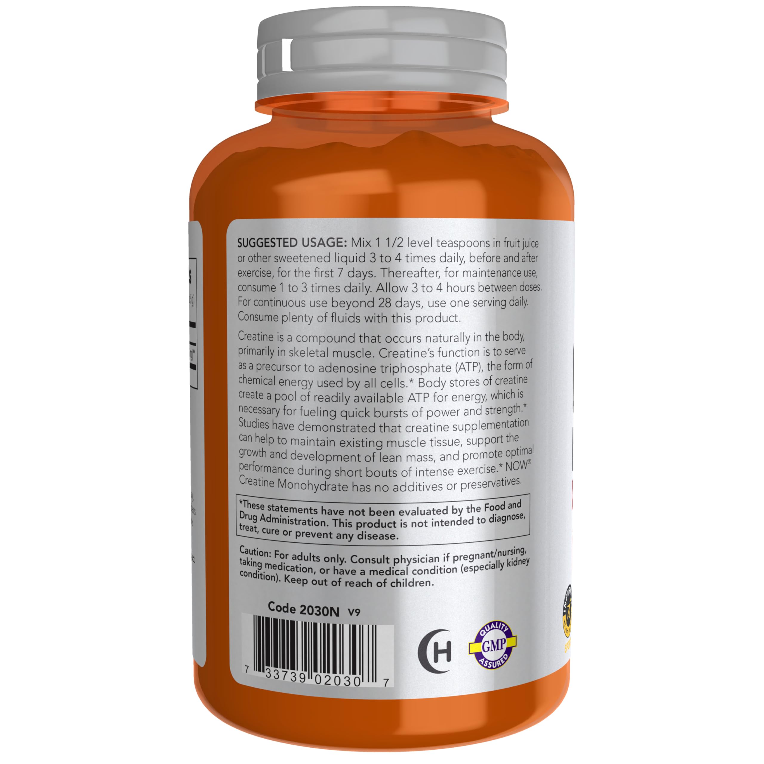 NOW Foods Creatina Monohidrato cuchara de medición para dosis consistentes.