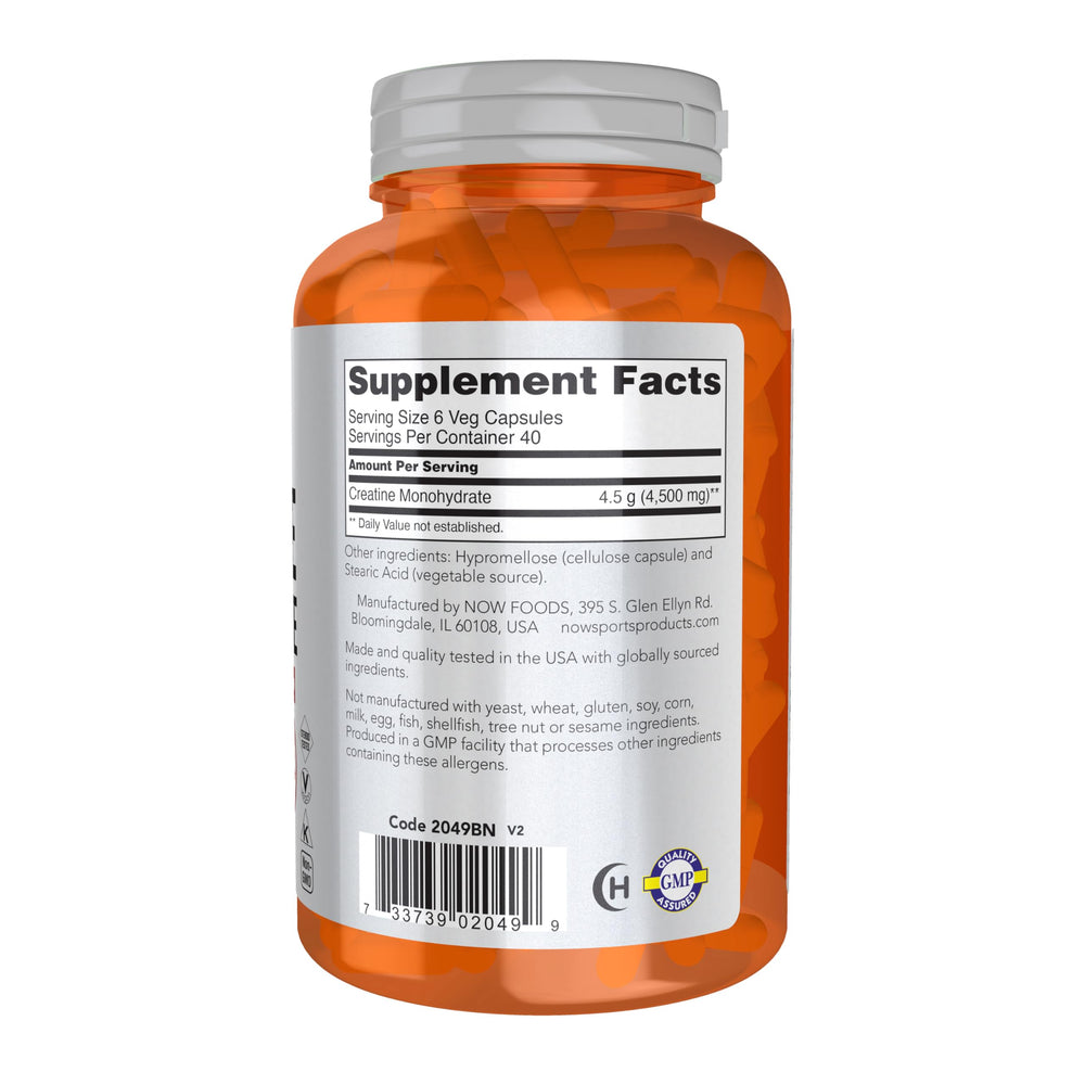 NOW Foods Creatine Monohydrate bottle back with dosage information for workouts
