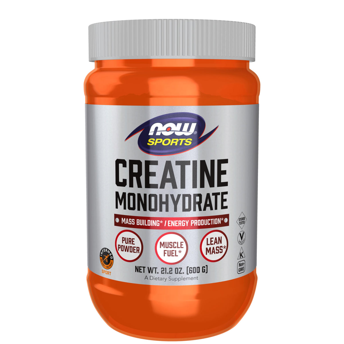NOW Foods Creatine Monohydrate powder bottle front highlights lean mass support