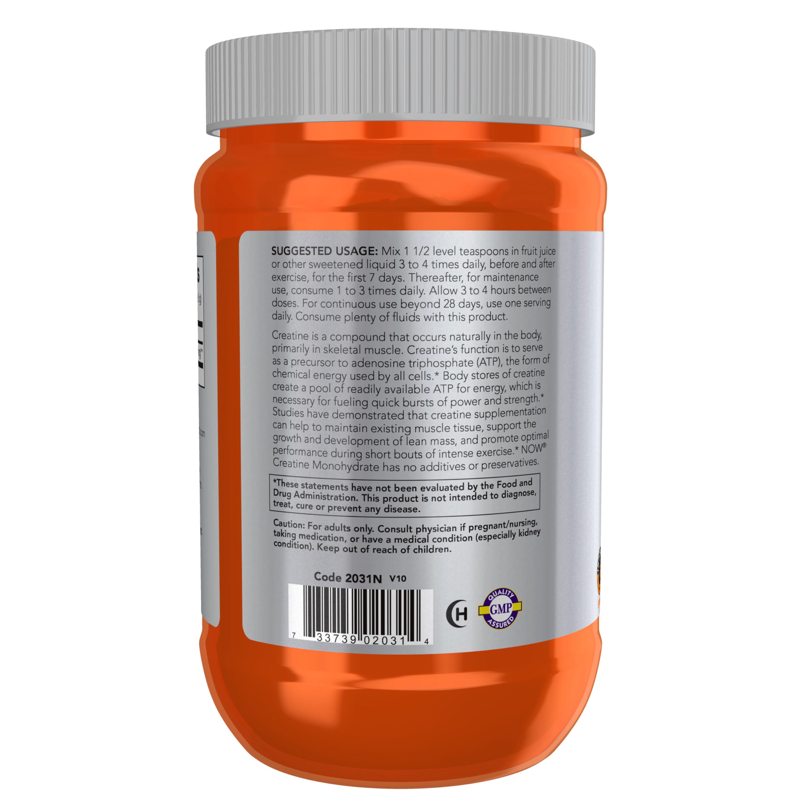 NOW Foods Creatine Monohydrate packaging front emphasizes GMP-certified manufacturing quality