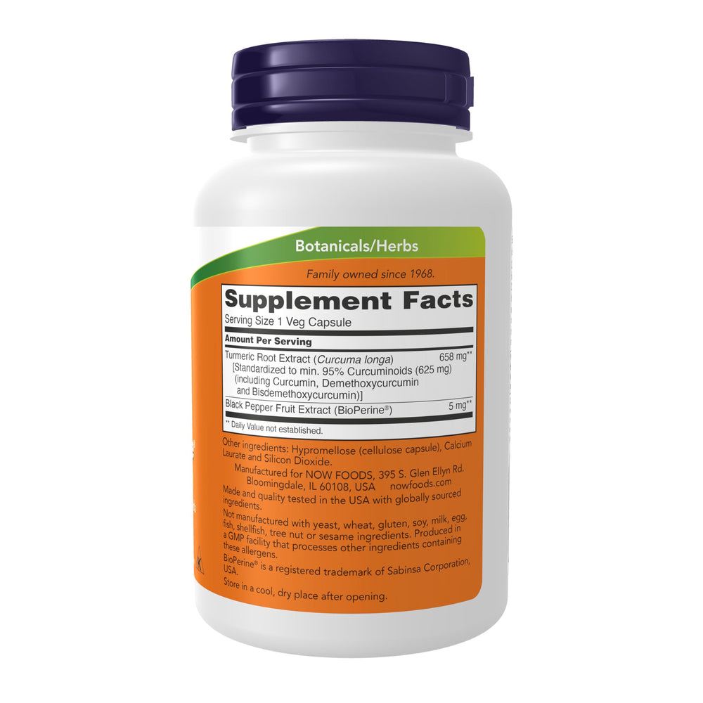 NOW Foods curcumin Bioperine capsules illustrating enhanced absorption.