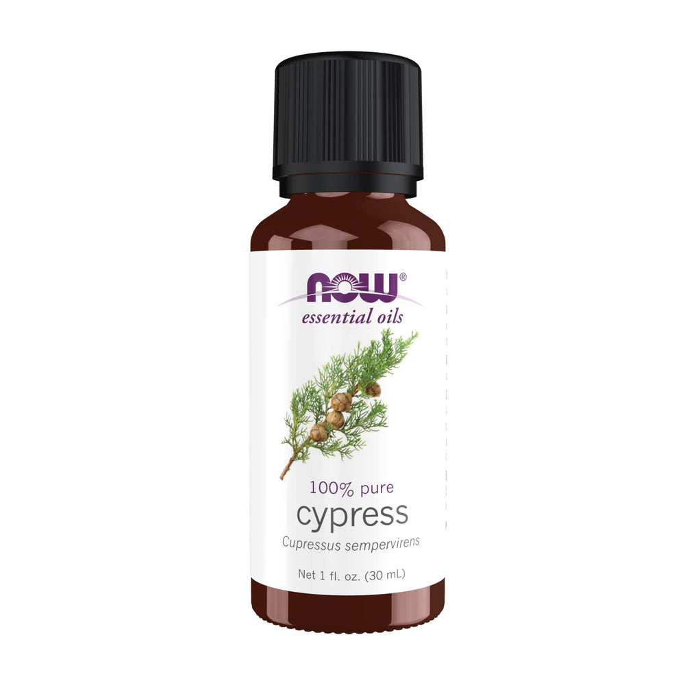 NOW Foods Cypress oil bottle offering a balanced aroma for any space