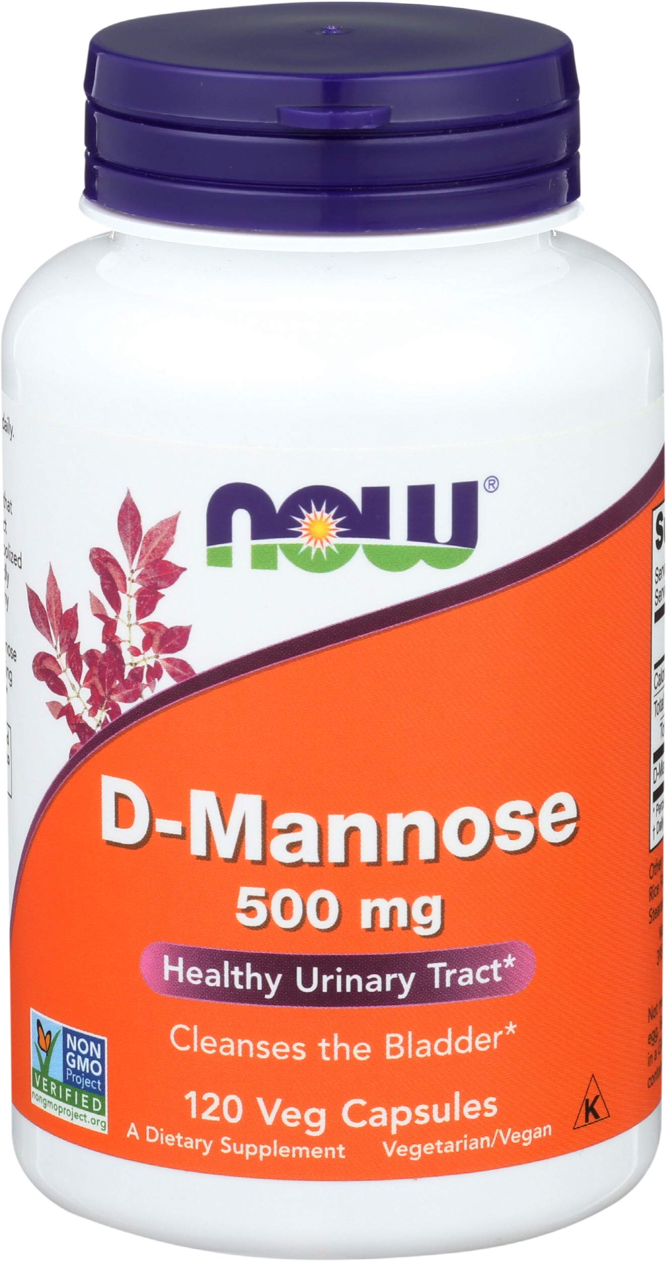 NOW Foods D-Mannose 500 mg bottle front for daily urinary tract support.