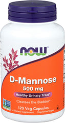 NOW Foods D-Mannose 500 mg bottle front for daily urinary tract support.