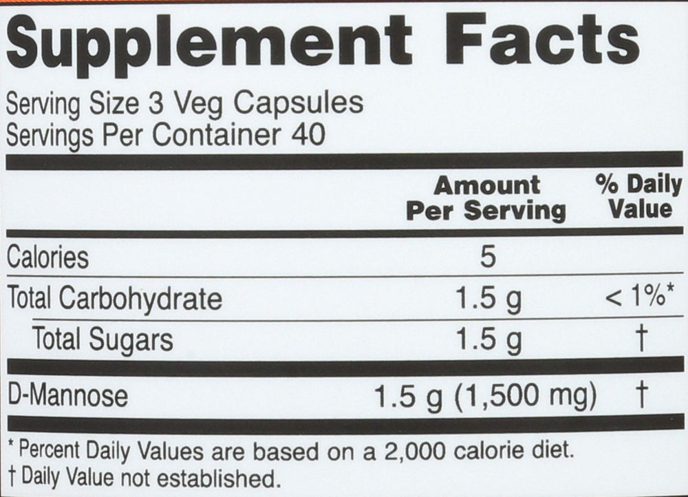 NOW Foods D-Mannose bottle label details emphasizing quality and purity.