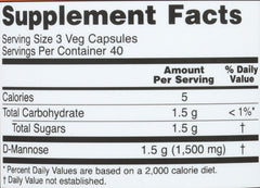 NOW Foods D-Mannose bottle label details emphasizing quality and purity.