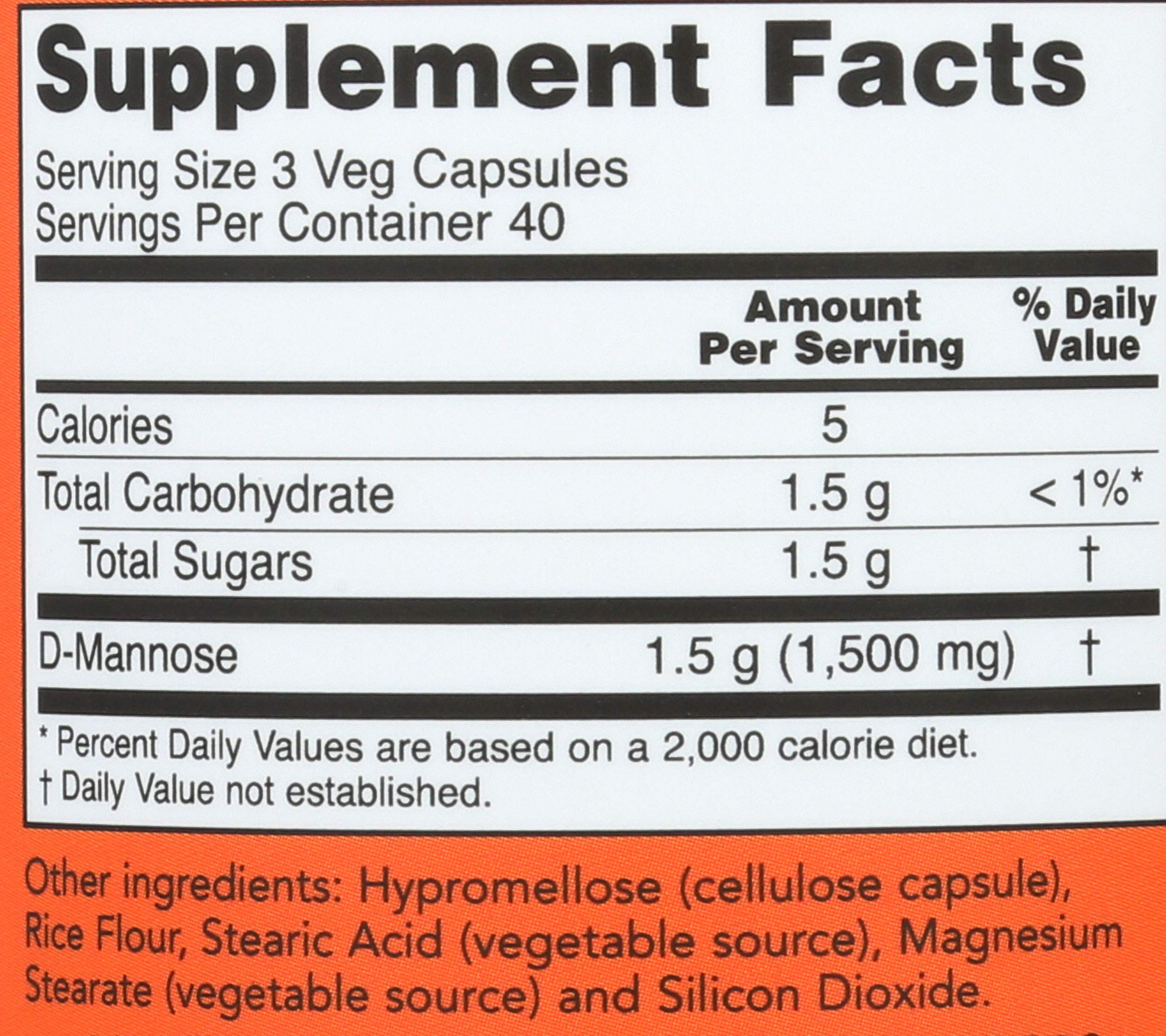 NOW Foods D-Mannose dosage chart illustrating easy dosing.