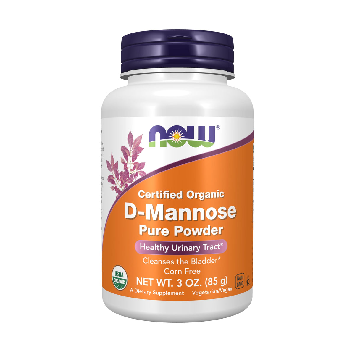 NOW Foods D-Mannose powder bottle for easy daily urinary tract support.