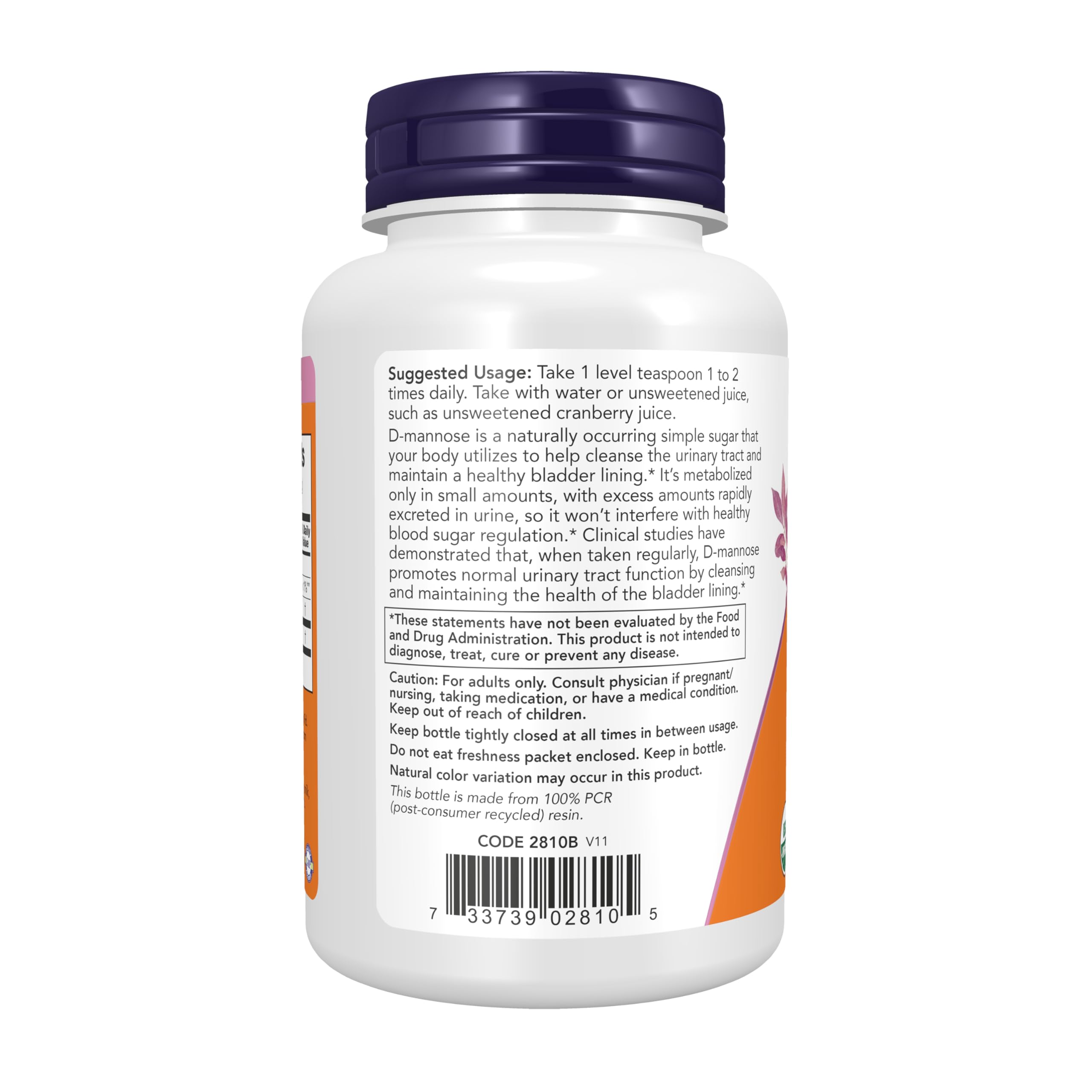 NOW Foods D-Mannose powder label highlights purity and quality.