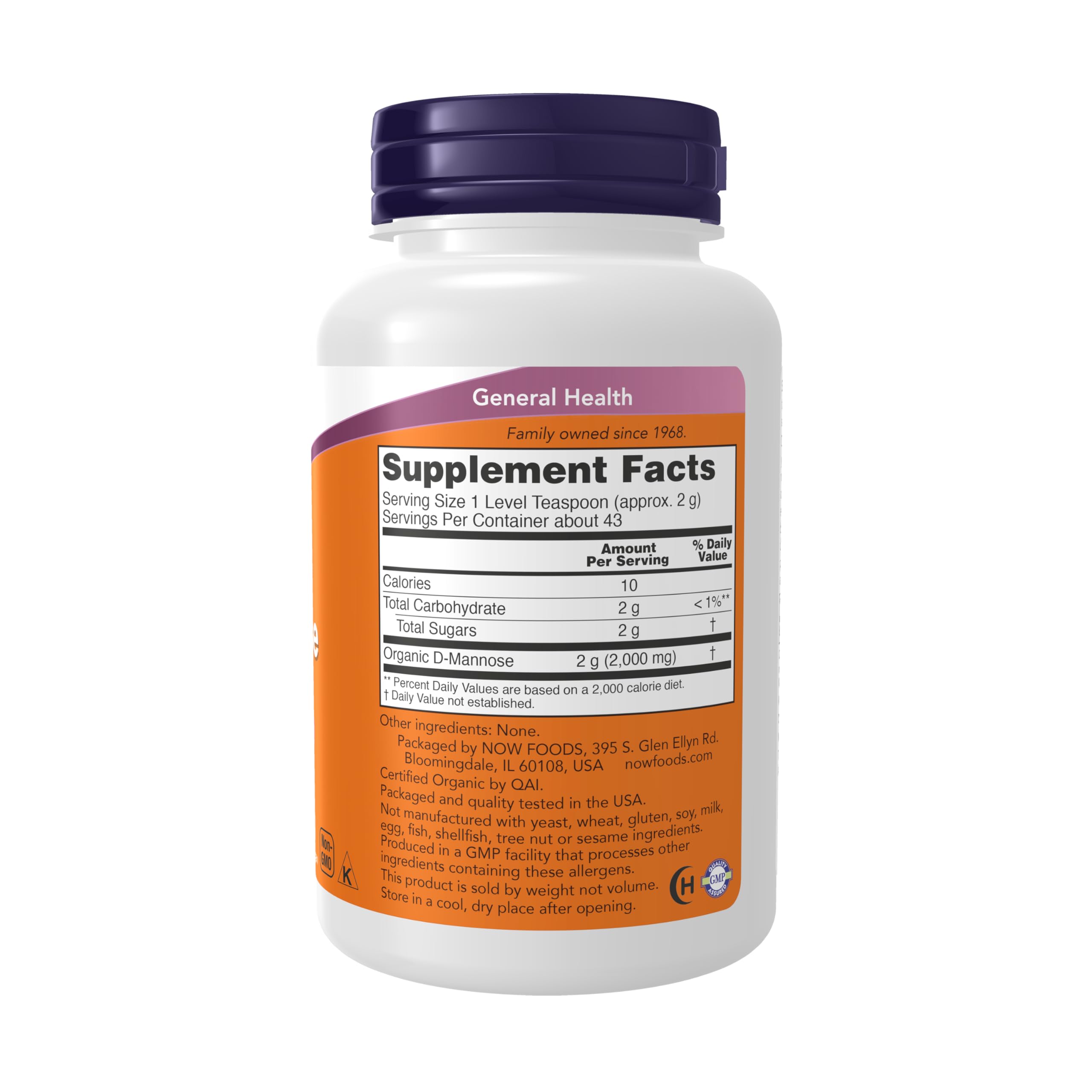 NOW Foods D-Mannose powder scoop shows precise serving for hydration.