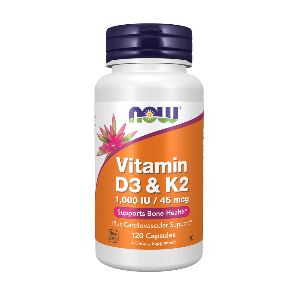 NOW Foods D3 K2 bottle front showing dosage and product qualities for bone support.