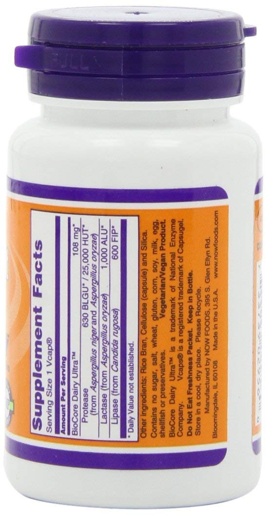 NOW Foods Dairy Digest Complete capsules close-up showing enzyme blend for dairy digestion.